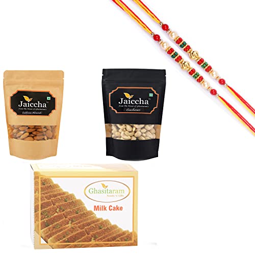 Ghasitaram Gifts Rakhi Gifts for Brothers Rakhi Sweets - Best of Almonds, Cashews and Milk Cake with 2 Beads Rakhis von Ghasitaram Gifts