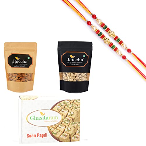 Ghasitaram Gifts Rakhi Gifts for Brothers Rakhi Sweets - Best of Almonds, Cashews and Soan Papdi with 2 Beads Rakhis von Ghasitaram Gifts