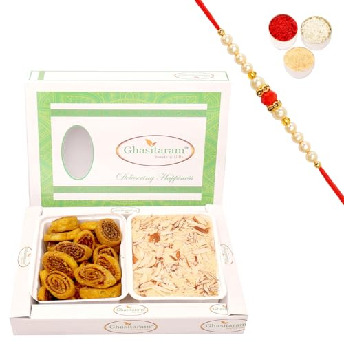 Ghasitaram Gifts Rakhi Gifts for Brothers Rakhi Sweets - Bhakar Wadi and Soan Papdi Hamper with Beads Rakhi von Ghasitaram Gifts