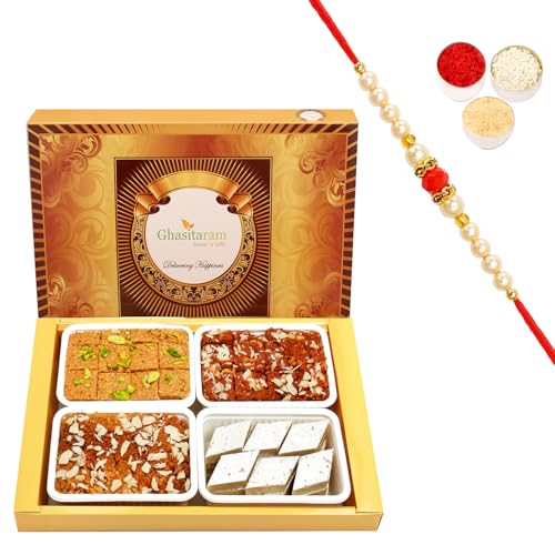 Ghasitaram Gifts Rakhi Gifts for Brothers Rakhi Sweets - Big Box of Kaju Katli, Besan Barfi, Dodha Barfi and Milk Cake with Beads Rakhi Ghasitaram Gifts Rakhi Gifts for Brothers Rakhi Sweets - Big Box of Kaju Katli, Besan Barfi, Dodha Barfi and Milk Cake with Beads Rakhi von Ghasitaram Gifts