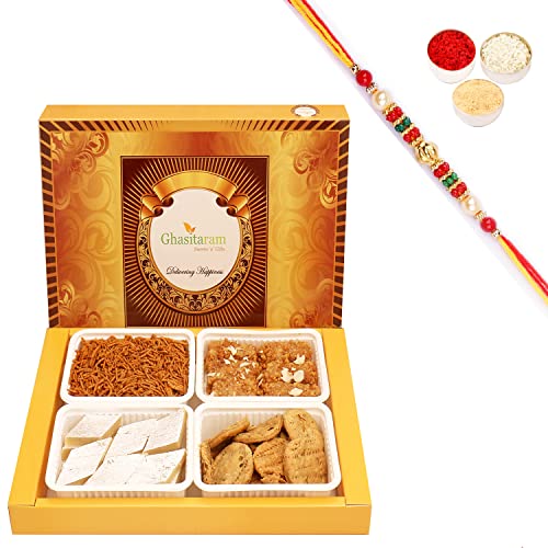 Ghasitaram Gifts Rakhi Gifts for Brothers Rakhi Sweets - Big Box of Kaju Katli, Milk Cake, Methi Mathi and SOYA Sev with Beads Rakhi von Ghasitaram Gifts