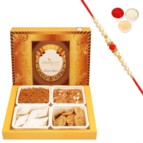 Ghasitaram Gifts Rakhi Gifts for Brothers Rakhi Sweets - Big Box of Kaju Katli, Milk Cake, Methi Mathi and SOYA Sev with Beads Rakhi von Ghasitaram Gifts