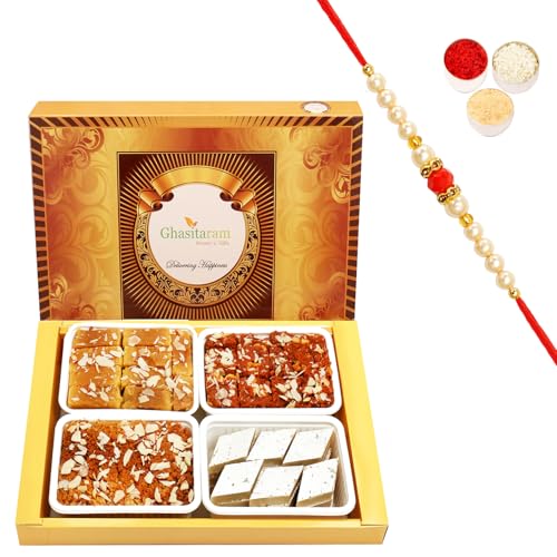 Ghasitaram Gifts Rakhi Gifts for Brothers Rakhi Sweets - Big Box of Kaju Katli, Mysore Pak, Dodha Barfi and Milk Cake with Beads Rakhi von Ghasitaram Gifts