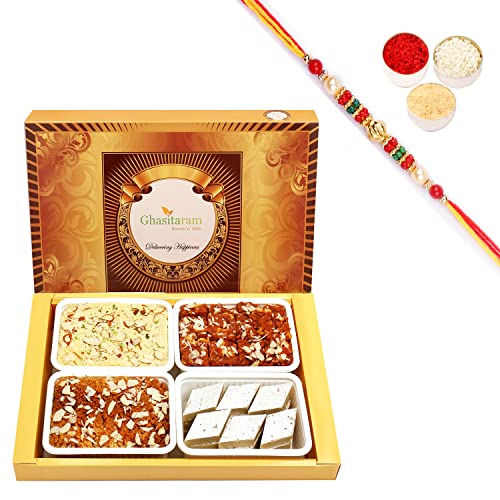 Ghasitaram Gifts Rakhi Gifts for Brothers Rakhi Sweets - Big Box of Kaju Katli, Soan Papdi, Dodha Barfi and Milk Cake with Beads Rakhi von Ghasitaram Gifts