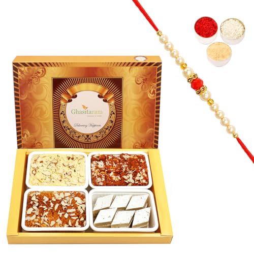 Ghasitaram Gifts Rakhi Gifts for Brothers Rakhi Sweets - Big Box of Kaju Katli, Soan Papdi, Dodha Barfi and Milk Cake with Beads Rakhi von Ghasitaram Gifts