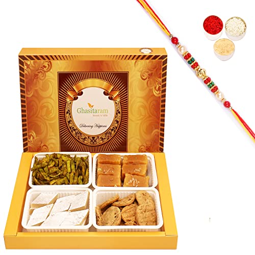 Ghasitaram Gifts Rakhi Gifts for Brothers Rakhi Sweets - Big Box of Kaju Katli, Soft Mysore Pak, Methi Mathi and Potato Palak Chips with Beads Rakhi von Ghasitaram Gifts