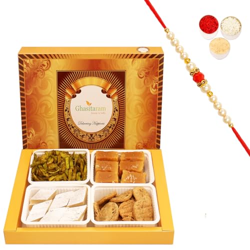 Ghasitaram Gifts Rakhi Gifts for Brothers Rakhi Sweets - Big Box of Kaju Katli, Soft Mysore Pak, Methi Mathi and Potato Palak Chips with Beads Rakhi von Ghasitaram Gifts