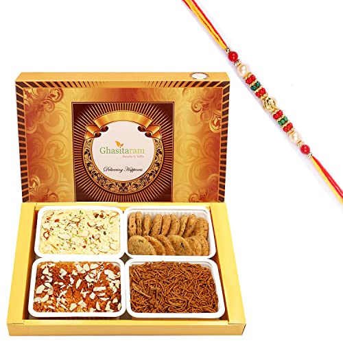 Ghasitaram Gifts Rakhi Gifts for Brothers Rakhi Sweets - Big Box of Soan Papdi, Milk Cake, Methi Mathi and SOYA Sev with Beads Rakhi von Ghasitaram Gifts