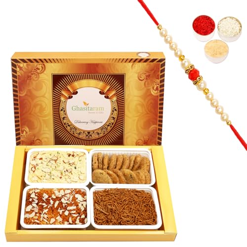Ghasitaram Gifts Rakhi Gifts for Brothers Rakhi Sweets - Big Box of Soan Papdi, Milk Cake, Methi Mathi and SOYA Sev with Beads Rakhi Ghasitaram Gifts Rakhi Gifts for Brothers Rakhi Sweets - Big Box of Soan Papdi, Milk Cake, Methi Mathi and SOYA Sev with Beads Rakhi von Ghasitaram Gifts