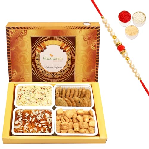 Ghasitaram Gifts Rakhi Gifts for Brothers Rakhi Sweets - Big Box of Soan Papdi, dodha barfi, Methi mathi and shakar pada with Beads Rakhi Ghasitaram Gifts Rakhi Gifts for Brothers Rakhi Sweets - Big Box of Soan Papdi, dodha barfi, Methi mathi and shakar pada with Beads Rakhi von Ghasitaram Gifts