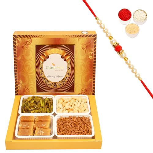 Ghasitaram Gifts Rakhi Gifts for Brothers Rakhi Sweets - Big Box of Soft Mysore Pak, SOYA Sev, Cashew Sahped Biscuits and Palak Potato Chips with Beads Rakhi Ghasitaram Gifts Rakhi Gifts for Brothers Rakhi Sweets - Big Box of Soft Mysore Pak, SOYA Sev, Cashew Sahped Biscuits and Palak Potato Chips with Beads Rakhi von Ghasitaram Gifts