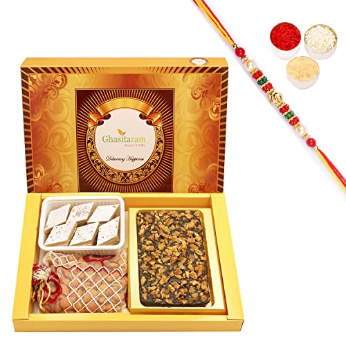 Ghasitaram Gifts Rakhi Gifts for Brothers Rakhi Sweets - Big Box of Walnut Chocolate Bark, Almonds and Kaju Katli with Beads Rakhi von Ghasitaram Gifts
