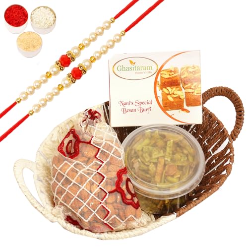 Ghasitaram Gifts Rakhi Gifts for Brothers Rakhi Sweets - Big Metal Brown Basket of Besan Barfi, Almonds Pouch and Palak Chips with 2 Beads Rakhis Ghasitaram Gifts Rakhi Gifts for Brothers Rakhi Sweets - Big Metal Brown Basket of Besan Barfi, Almonds Pouch and Palak Chips with 2 Beads Rakhis von Ghasitaram Gifts