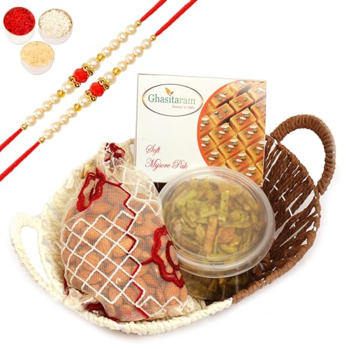 Ghasitaram Gifts Rakhi Gifts for Brothers Rakhi Sweets - Big Metal Brown Basket of Mysore Pak, Almonds Pouch and Palak Chips with 2 Beads Rakhis Ghasitaram Gifts Rakhi Gifts for Brothers Rakhi Sweets - Big Metal Brown Basket of Mysore Pak, Almonds Pouch and Palak Chips with 2 Beads Rakhis von Ghasitaram Gifts