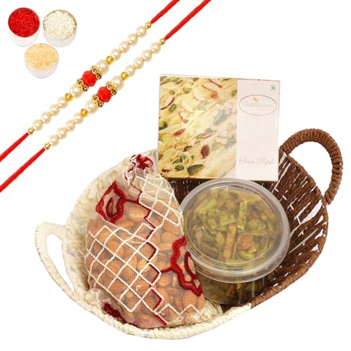 Ghasitaram Gifts Rakhi Gifts for Brothers Rakhi Sweets - Big Metal Brown Basket of Soan Papdi, Almonds Pouch and Palak Chips with 2 Beads Rakhis von Ghasitaram Gifts