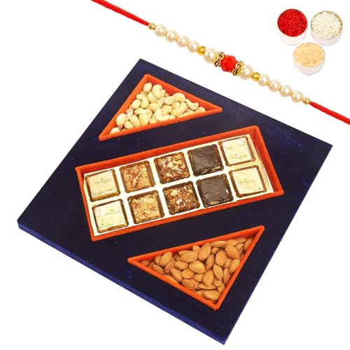 Ghasitaram Gifts Rakhi Gifts for Brothers Rakhi Sweets - Blue Velvet Tray of Assorted Bites, Almonds and Cashew Pouches with Beads Rakhi von Ghasitaram Gifts