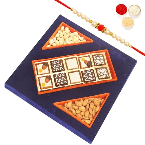 Ghasitaram Gifts Rakhi Gifts for Brothers Rakhi Sweets - Blue Velvet Tray of Choco Dryfruit Bites, Almonds and Cashew Pouches with Beads Rakhi von Ghasitaram Gifts