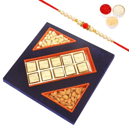 Ghasitaram Gifts Rakhi Gifts for Brothers Rakhi Sweets - Blue Velvet Tray of MEWA Bites, Almonds and Cashew Pouches with Beads Rakhi Ghasitaram Gifts Rakhi Gifts for Brothers Rakhi Sweets - Blue Velvet Tray of MEWA Bites, Almonds and Cashew Pouches with Beads Rakhi von Ghasitaram Gifts
