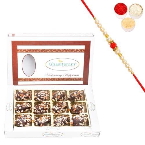 Ghasitaram Gifts Rakhi Gifts for Brothers Rakhi Sweets - Choco Dates in White Box with Beads Rakhi von Ghasitaram Gifts