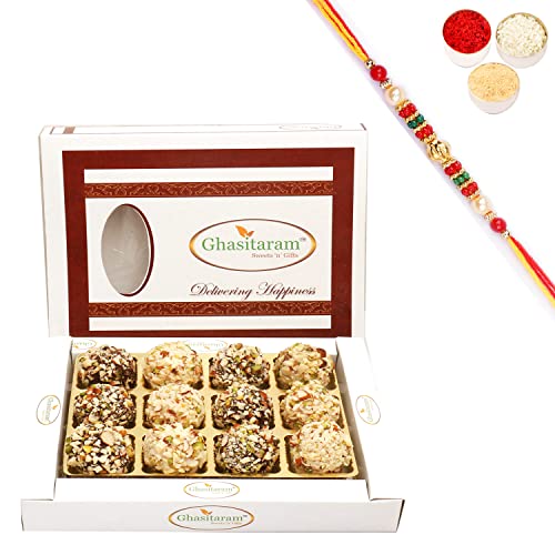 Ghasitaram Gifts Rakhi Gifts for Brothers Rakhi Sweets - Chocolate Dryfruit Laddoos in White Box with Beads Rakhi von Ghasitaram Gifts