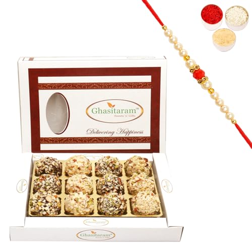 Ghasitaram Gifts Rakhi Gifts for Brothers Rakhi Sweets - Chocolate Dryfruit Laddoos in White Box with Beads Rakhi von Ghasitaram Gifts