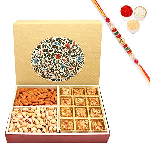 Ghasitaram Gifts Rakhi Gifts for Brothers Rakhi Sweets - Eco 4 Part Print 12 Pcs Roasted Almond Bites ,Almonds and Pistachios Hamper Box with Beads Rakhi von Ghasitaram Gifts