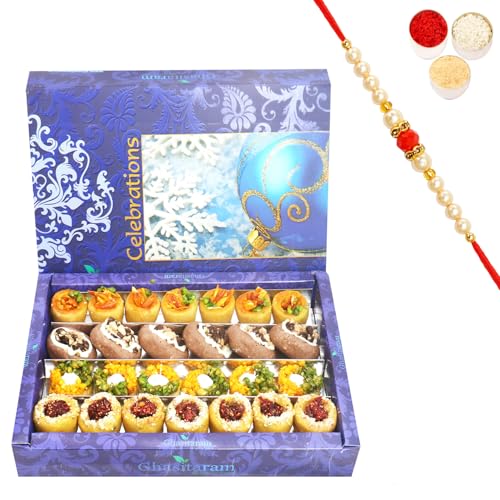 Ghasitaram Gifts Rakhi Gifts for Brothers Rakhi Sweets - Ghasitaram Gifts Assorted Box of Anjeer Basket, Kesar Pista Delight, Choco Boat and Almond Basket 800 GMS with Beads Rakhi von Ghasitaram Gifts