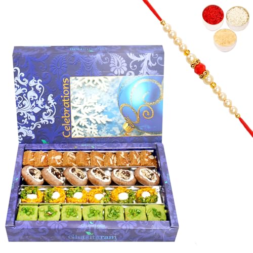Ghasitaram Gifts Rakhi Gifts for Brothers Rakhi Sweets - Ghasitaram Gifts Assorted Box of Pista Barfi, Kesar Pista Delight, Choco Boat and Besan Barfi 800 GMS with Beads Rakhi Ghasitaram Gifts Rakhi Gifts for Brothers Rakhi Sweets - Ghasitaram Gifts Assorted Box of Pista Barfi, Kesar Pista Delight, Choco Boat and Besan Barfi 800 GMS with Beads Rakhi von Ghasitaram Gifts