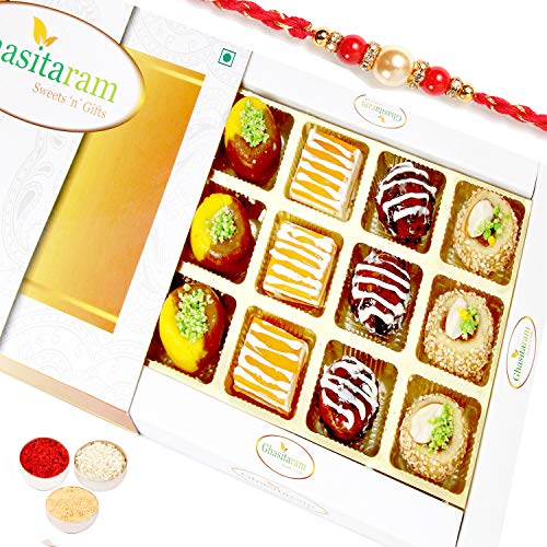 Ghasitaram Gifts Rakhi Gifts for Brothers Rakhi Sweets - Ghasitaram Gifts - Assorted Exotic Mix Sweets 12 pcs with Beads Rakhi von Ghasitaram Gifts