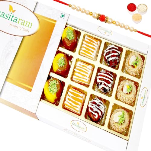 Ghasitaram Gifts Rakhi Gifts for Brothers Rakhi Sweets - Ghasitaram Gifts - Assorted Exotic Mix Sweets 12 pcs with Beads Rakhi von Ghasitaram Gifts