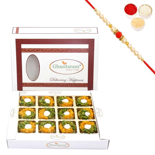 Ghasitaram Gifts Rakhi Gifts for Brothers Rakhi Sweets - Ghasitaram Gifts Kesar Pista Delight in White Box with Beads Rakhi von Ghasitaram Gifts