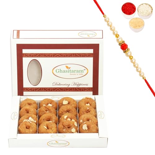 Ghasitaram Gifts Rakhi Gifts for Brothers Rakhi Sweets - Ghasitaram's Delicious Balushai (400 GMS) with Beads Rakhi von Ghasitaram Gifts