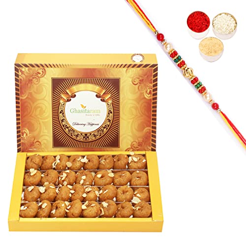 Ghasitaram Gifts Rakhi Gifts for Brothers Rakhi Sweets - Ghasitaram's Delicious Balushai (800 GMS) with Beads Rakhi von Ghasitaram Gifts