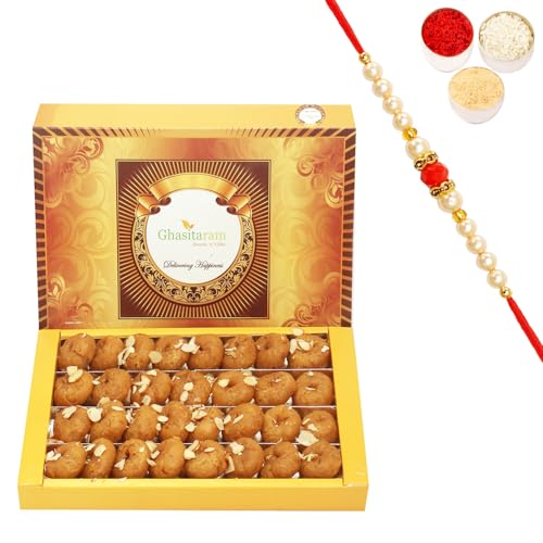 Ghasitaram Gifts Rakhi Gifts for Brothers Rakhi Sweets - Ghasitaram's Delicious Balushai (800 GMS) with Beads Rakhi von Ghasitaram Gifts