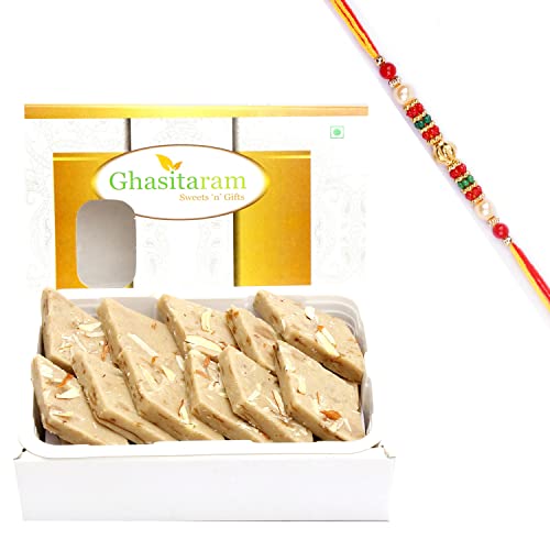 Ghasitaram Gifts Rakhi Gifts for Brothers Rakhi Sweets - Ghasitaram's Gulkand Kaju Katli 200 GMS with Beads Rakhi von Ghasitaram Gifts