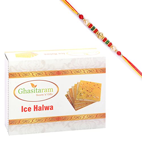 Ghasitaram Gifts Rakhi Gifts for Brothers Rakhi Sweets - Ghasitaram's ICE(Bombay) HALWA (200 GMS) with Beads Rakhi von Ghasitaram Gifts