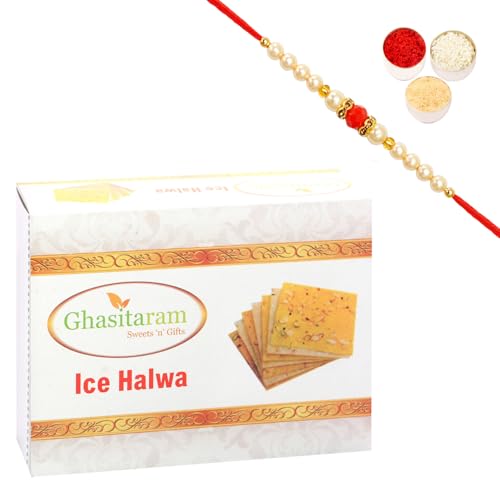 Ghasitaram Gifts Rakhi Gifts for Brothers Rakhi Sweets - Ghasitaram's ICE(Bombay) HALWA (200 GMS) with Beads Rakhi von Ghasitaram Gifts