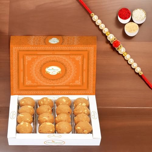 Ghasitaram Gifts Rakhi Gifts for Brothers Rakhi Sweets - Ghasitaram's Special Besan Laddoo (400 GMS) with Beads Rakhi von Ghasitaram Gifts