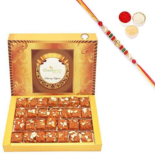 Ghasitaram Gifts Rakhi Gifts for Brothers Rakhi Sweets - Ghasitaram's Special Dodha Barfi (800 GMS) with Beads Rakhi von Ghasitaram Gifts