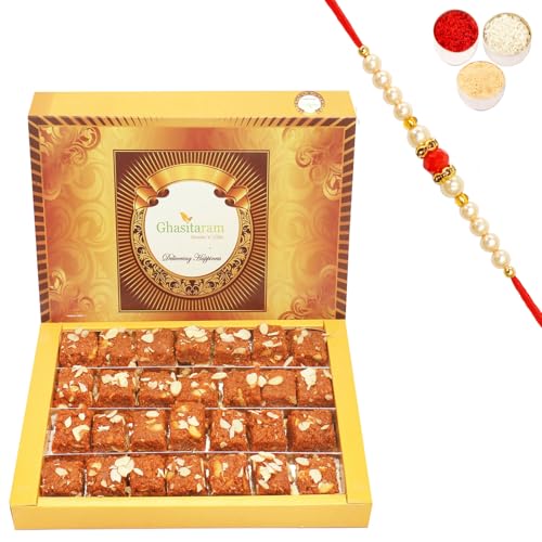 Ghasitaram Gifts Rakhi Gifts for Brothers Rakhi Sweets - Ghasitaram's Special Dodha Barfi (800 GMS) with Beads Rakhi von Ghasitaram Gifts