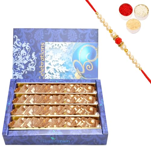 Ghasitaram Gifts Rakhi Gifts for Brothers Rakhi Sweets - Ghasitarams Sweets Chocolate Kaju Katli 800 GMS with Beads Rakhi Ghasitaram Gifts Rakhi Gifts for Brothers Rakhi Sweets - Ghasitarams Sweets Chocolate Kaju Katli 800 GMS with Beads Rakhi von Ghasitaram Gifts