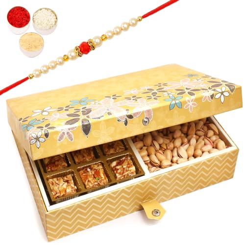 Ghasitaram Gifts Rakhi Gifts for Brothers Rakhi Sweets - Gold 4 Print 12 Pcs Roasted Almond Bites ,Almonds and Pistachios Hamper Box with Beads Rakhi von Ghasitaram Gifts