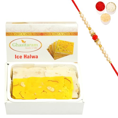 Ghasitaram Gifts Rakhi Gifts for Brothers Rakhi Sweets - ICE(Bombay) HALWA (200 GMS) with Beads Rakhi von Ghasitaram Gifts