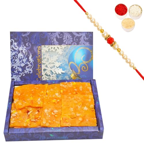 Ghasitaram Gifts Rakhi Gifts for Brothers Rakhi Sweets - Mango Ice Halwa (800 GMS) with Beads Rakhi von Ghasitaram Gifts