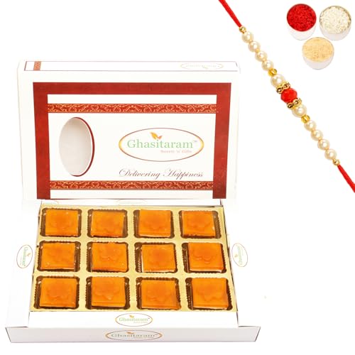 Ghasitaram Gifts Rakhi Gifts for Brothers Rakhi Sweets - Mango Layers Delight 12 pcs with Beads Rakhi von Ghasitaram Gifts