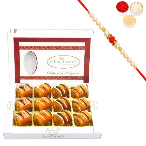 Ghasitaram Gifts Rakhi Gifts for Brothers Rakhi Sweets - Mango Roll Delight 12 pcs with Beads Rakhi von Ghasitaram Gifts