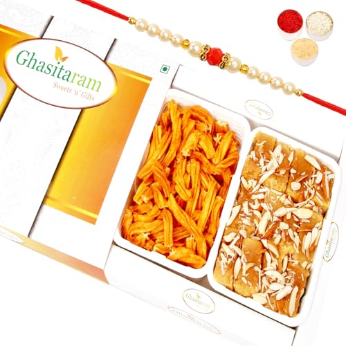 Ghasitaram Gifts Rakhi Gifts for Brothers Rakhi Sweets - Mysore Pak and Chakli Hamper Beads Rakhi Ghasitaram Gifts Rakhi Gifts for Brothers Rakhi Sweets - Mysore Pak and Chakli Hamper Beads Rakhi von Ghasitaram Gifts