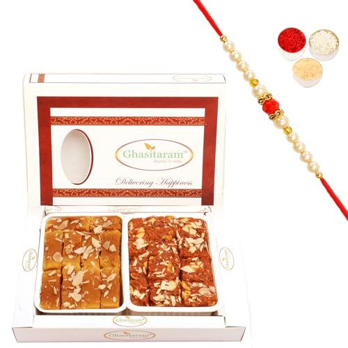 Ghasitaram Gifts Rakhi Gifts for Brothers Rakhi Sweets - Mysore Pak and Dodha Barfi Hamper with Beads Rakhi von Ghasitaram Gifts