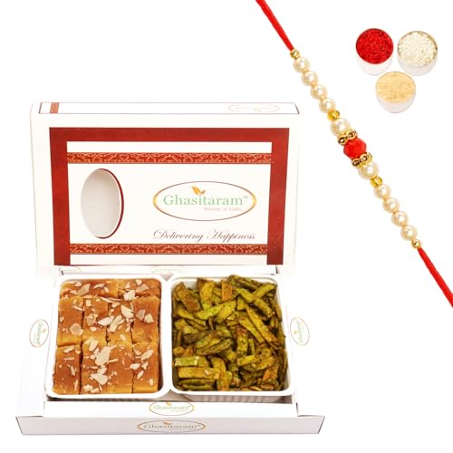 Ghasitaram Gifts Rakhi Gifts for Brothers Rakhi Sweets - Mysore Pak and Palak Potato Chips Hamper with Beads Rakhi Ghasitaram Gifts Rakhi Gifts for Brothers Rakhi Sweets - Mysore Pak and Palak Potato Chips Hamper with Beads Rakhi von Ghasitaram Gifts