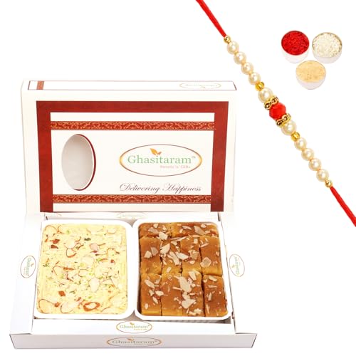 Ghasitaram Gifts Rakhi Gifts for Brothers Rakhi Sweets - Mysore Pak and Soan Papdi Hamper with Beads Rakhi von Ghasitaram Gifts